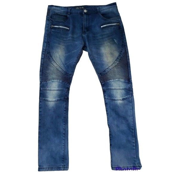 Chili Pepper CP~ Men's Size 38~ Dark Denim Slim Fit Jean's Distressed. - Picture 1 of 13